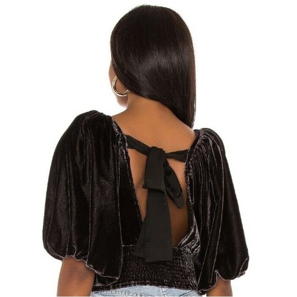 Free People Marie Velvet Open Back Black Crop Top Balloon Puff Sleeve Medium - Picture 3 of 13